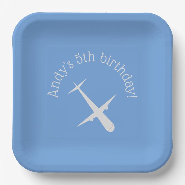 Aeroplane on Blue Personalised Paper Plate (Front)
