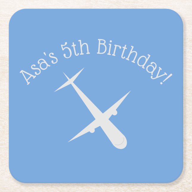 Aeroplane on Blue Personalised Square Paper Coaster (Front)
