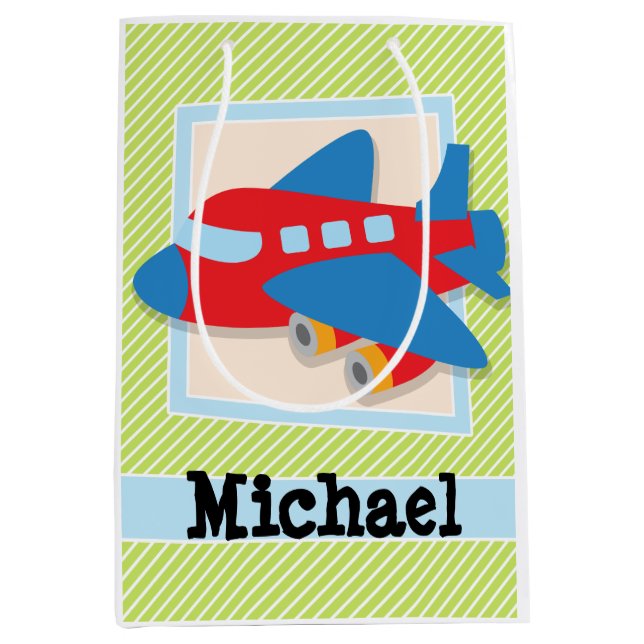 Aeroplane on Lime Green & White Stripes Medium Gift Bag (Front)