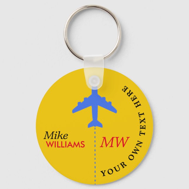 aeroplane on yellow keychain with name (Front)