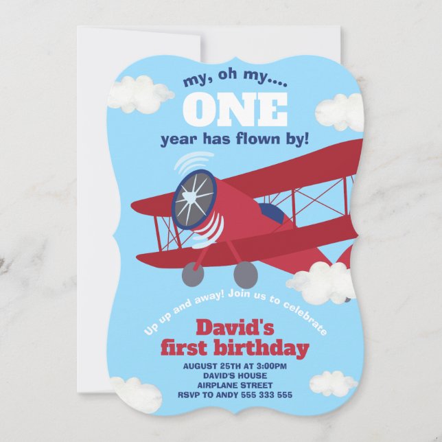 Aeroplane ONE Year Flown Boy 1st Birthday Invitation (Front)