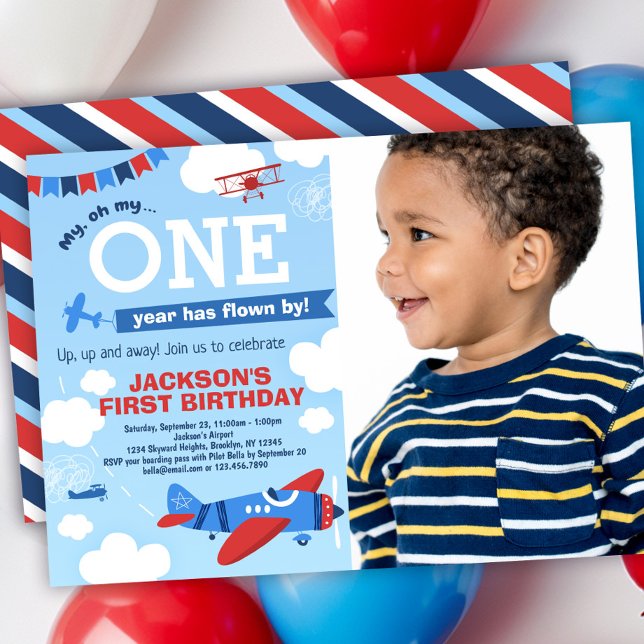 Aeroplane ONE Year Has Flown By 1st Birthday Photo Invitation (Creator Uploaded)