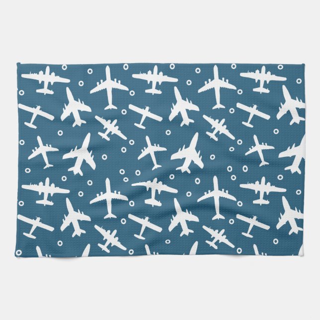 Aeroplane Pattern Dark Blue and White Aviation Tea Towel (Horizontal)