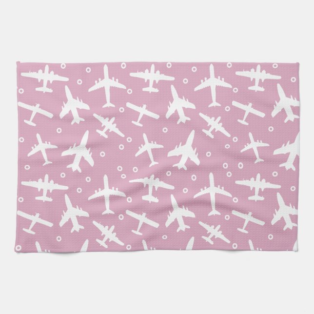 Aeroplane Pattern Light Pink and White Aviation Tea Towel (Horizontal)