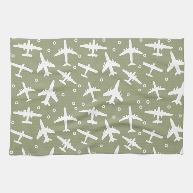 Aeroplane Pattern Taupe and White Aviation Tea Towel (Horizontal)