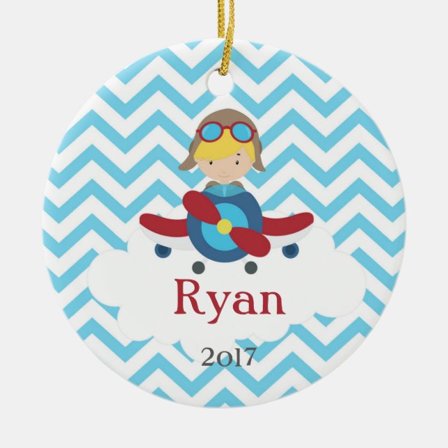 Aeroplane Pilot Boy Chevron Cloud Ornament Blonde (Front)
