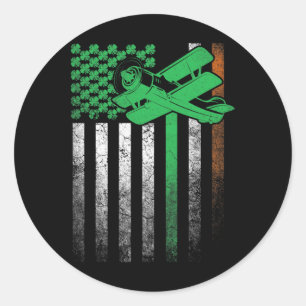 Aeroplane Pilot Flying Irish American Flag St. Pat Classic Round Sticker