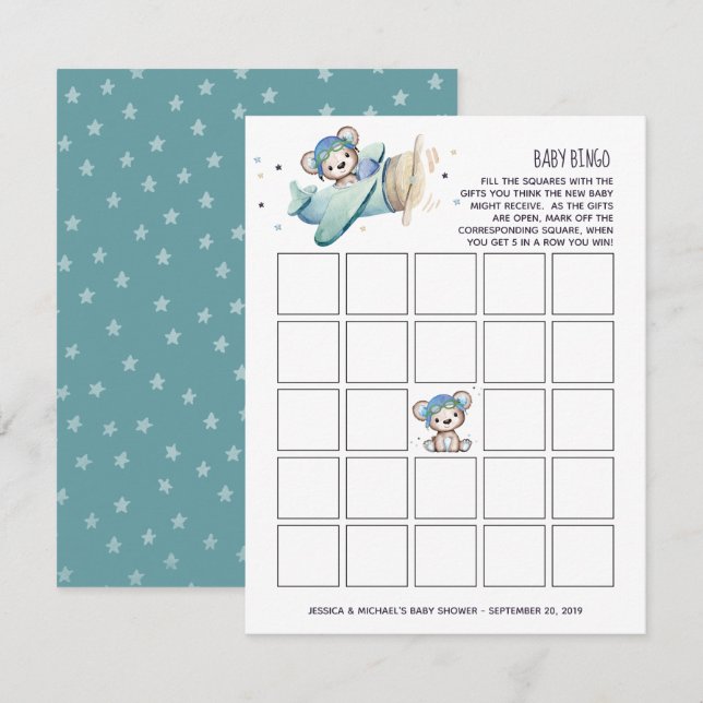 Aeroplane Pilot Teddy Bear Baby Bingo Invitation (Front/Back)