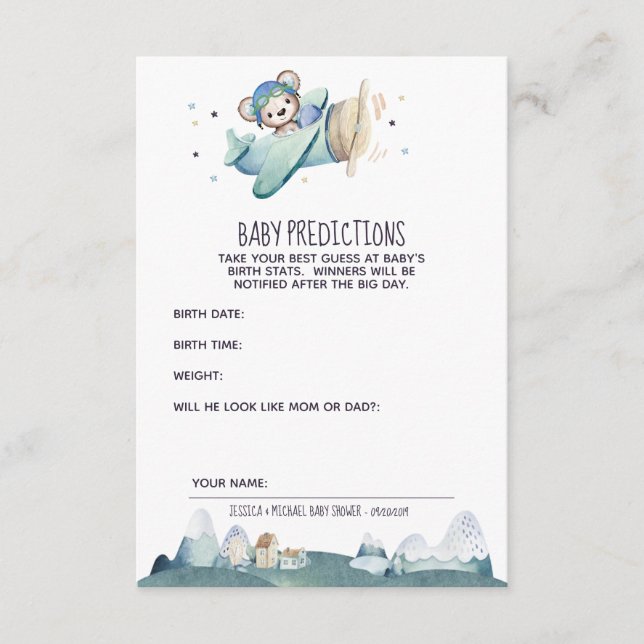 Aeroplane Pilot Teddy Bear Baby Predictions Enclosure Card (Front)