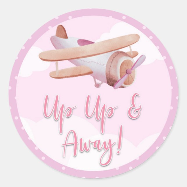 Aeroplane Pink Clouds Baby Shower Sticker Up Away (Front)