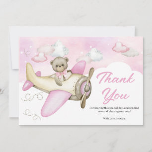 Aeroplane Pink Teddy Bear Baby Shower Thank You Card