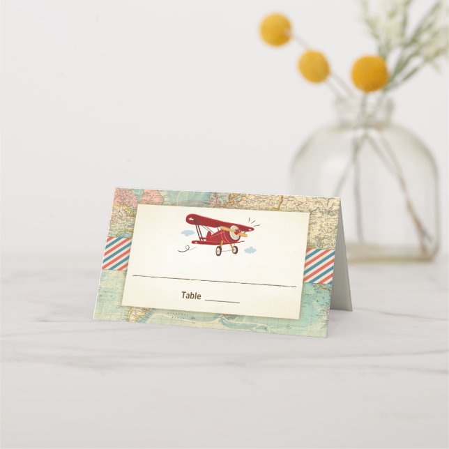 Aeroplane Place Card Vintage Retro Map Plane Showe (Front)