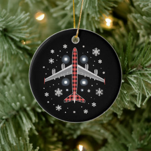 Aeroplane Plaid Christmas Pilot Ceramic Tree Decoration