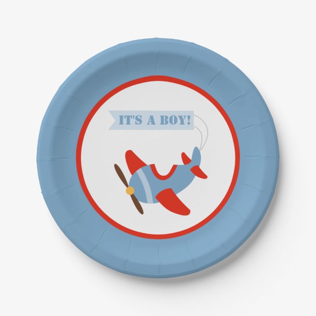 Aeroplane Red Blue Boy Baby Shower Paper Plate (Front)