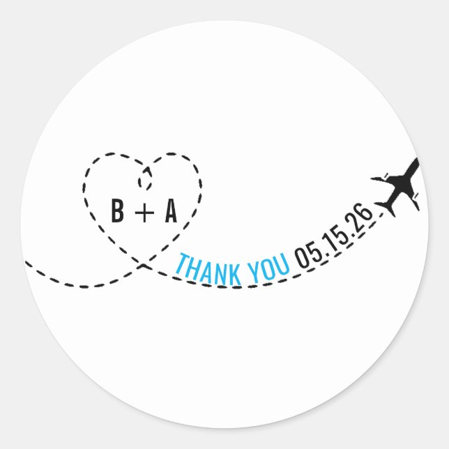 Aeroplane Route Monogram Wedding Date Thank You Classic Round Sticker (Front)