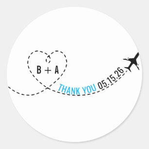 Aeroplane Route Monogram Wedding Date Thank You Classic Round Sticker