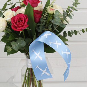 Aeroplane Soaring High in Formation on Sky Blue Satin Ribbon
