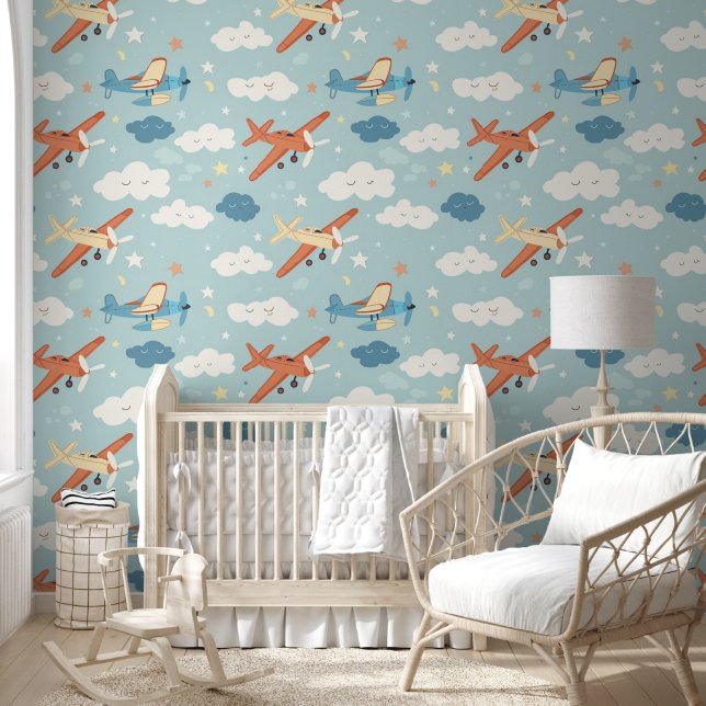 Aeroplane Stars and Cloud Pattern Baby Nursery Wallpaper (Kids)