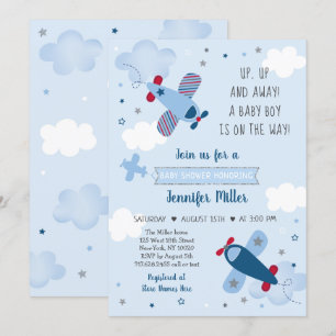 Aeroplane Stars Clouds Boy Baby Shower Invitation