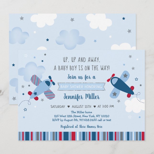 Aeroplane Stars Clouds Boy Baby Shower Invitation (Front/Back)