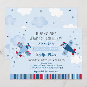 Aeroplane Stars Clouds Boy Baby Shower Invitation