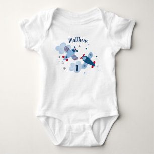Aeroplane Stars Clouds Boy Birthday Baby Bodysuit