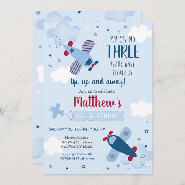 Aeroplane Stars Clouds Boy Birthday Invitation (Front/Back)