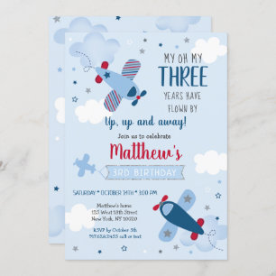 Aeroplane Stars Clouds Boy Birthday Invitation