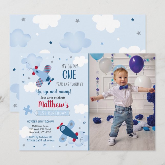 Aeroplane Stars Clouds Boy First Birthday Invitati Invitation (Front/Back)