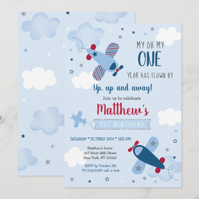 Aeroplane Stars Clouds Boy First Birthday Invitation (Front/Back)