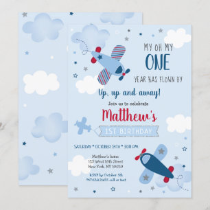 Aeroplane Stars Clouds Boy First Birthday Invitation