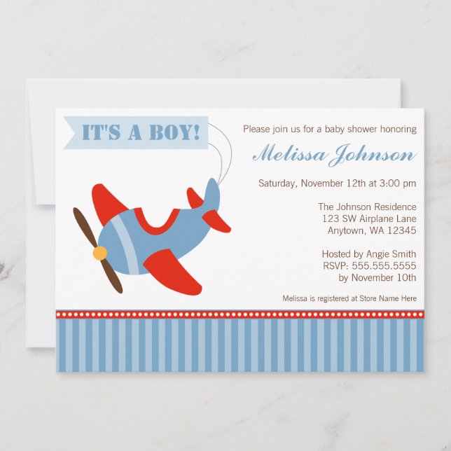 Aeroplane Stripes Red Blue Boy Baby Shower Invitation (Front)