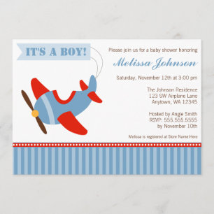 Aeroplane Stripes Red Blue Boy Baby Shower Invitation