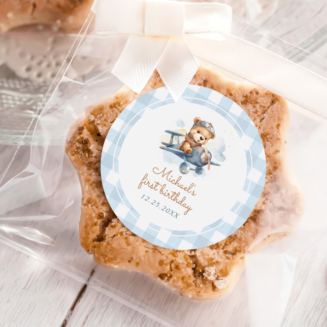 Aeroplane Teddy Bear Blue 1st Birthday Classic Round Sticker (Creator Uploaded)