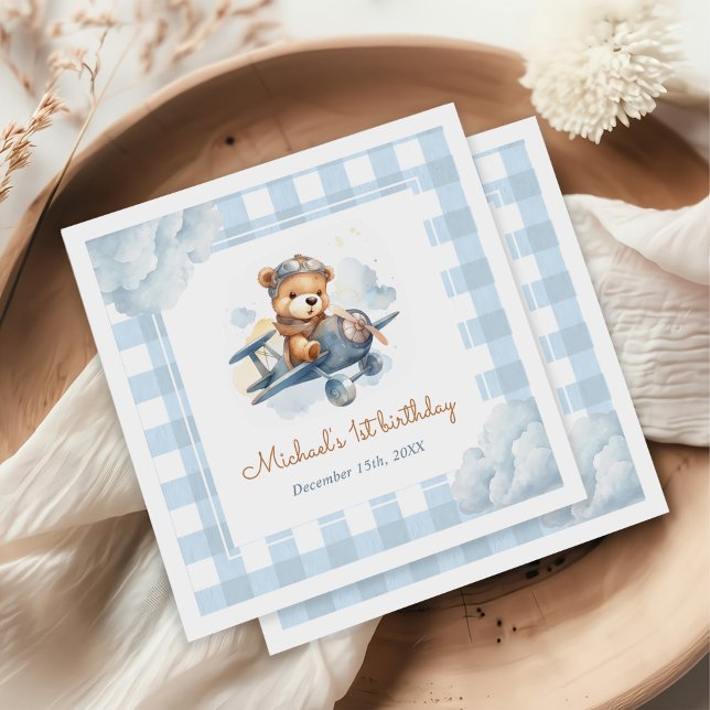 Aeroplane Teddy Bear Blue 1st Birthday Napkin (Creator Uploaded)