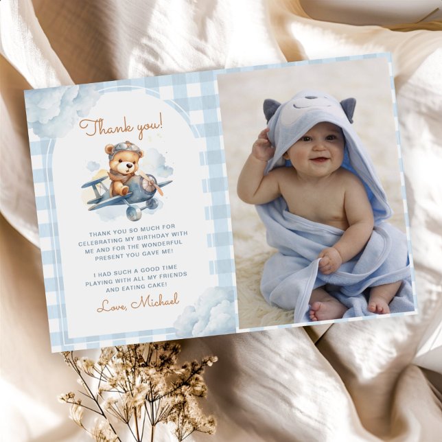 Aeroplane Teddy Bear Blue 1st Birthday Photo Thank You Card (Creator Uploaded)