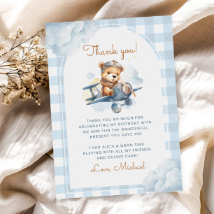 Aeroplane Teddy Bear Blue 1st Birthday Thank You Card