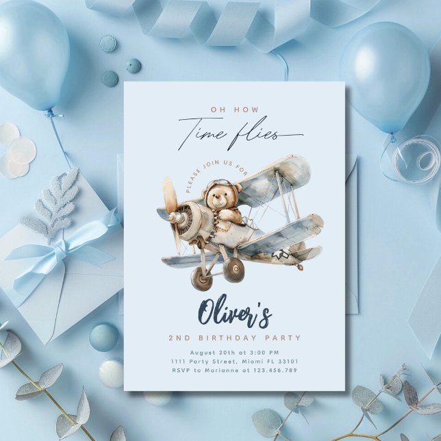 Aeroplane Teddy Bear Blue Time Flies Birthday Invitation (Creator Uploaded)