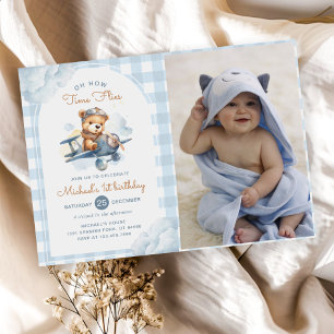 Aeroplane Teddy Bear Blue Time Flies Birthday Phot Invitation