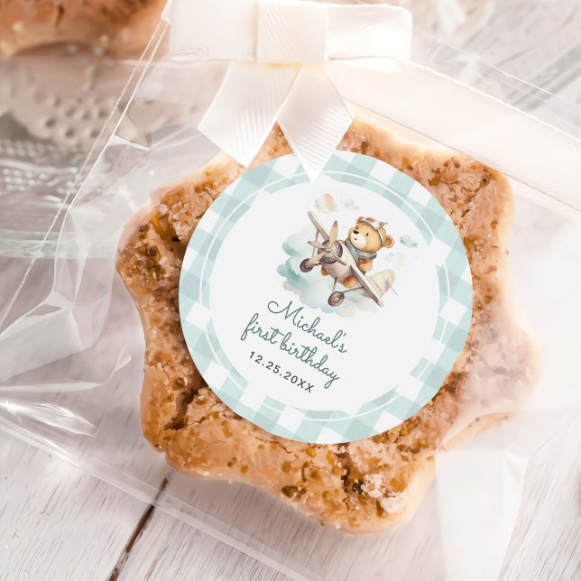 Aeroplane Teddy Bear Pastel Gingham 1st Birthday Classic Round Sticker (Creator Uploaded)