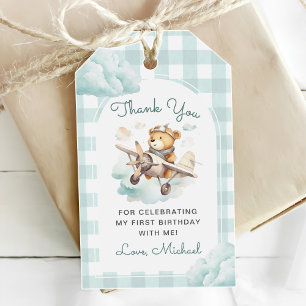 Aeroplane Teddy Bear Pastel Gingham 1st Birthday Gift Tags