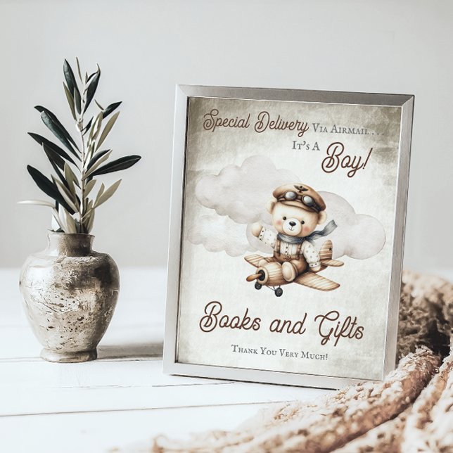 Aeroplane Teddy Bear Shower Favours Sign ("Special Delivery Via Airmail  It's A Boy!" Teddy Bear | Airplane Baby Shower Books and Gifts Sign)