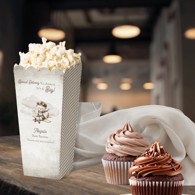 Aeroplane Teddy Bear Special Delivery Baby Shower Favour Box ("Special Delivery Via Airmail . . . It's A Boy!" Teddy Bear | Airplane Baby Shower Popcorn Favor Box)