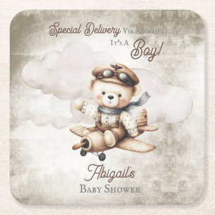 Aeroplane Teddy Bear Special Delivery Baby Shower Square Paper Coaster