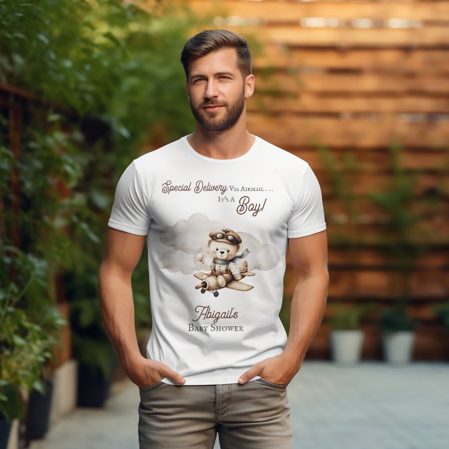 Aeroplane Teddy Bear Special Delivery Baby Shower Tri-Blend Shirt (Cute "Special Delivery Via Airmail . . . It's A Boy!" Airplane | Teddy Bear Baby Shower Man's Tshirt)