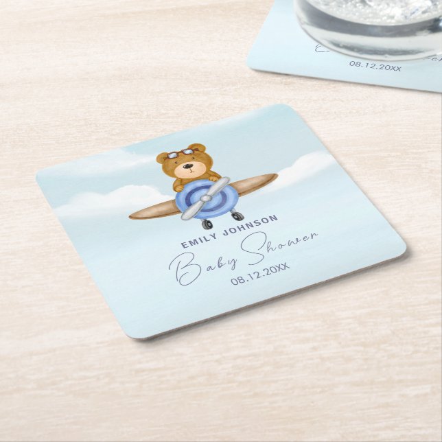 Aeroplane Teddy Bear  Square Paper Coaster (Angled)