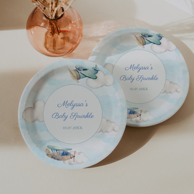 Aeroplane Theme Baby Shower For Boy Party Paper Plate (Airplane travel or adventure theme baby shower or birthday baptism party paper plates)