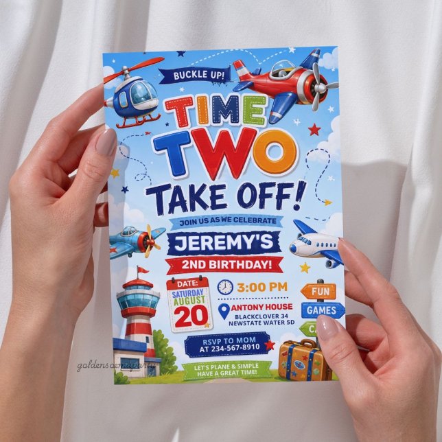 Aeroplane Time Two Take Off 2nd Birthday  Invitation (Airplane Time Two Take Off 2nd Birthday Invitation
)