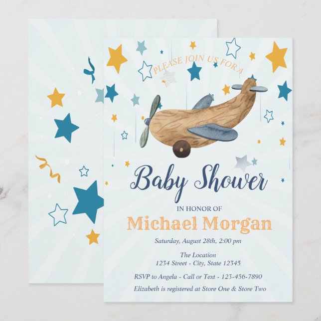  Aeroplane Toy, Stars Baby Shower  Invitation (Front/Back)