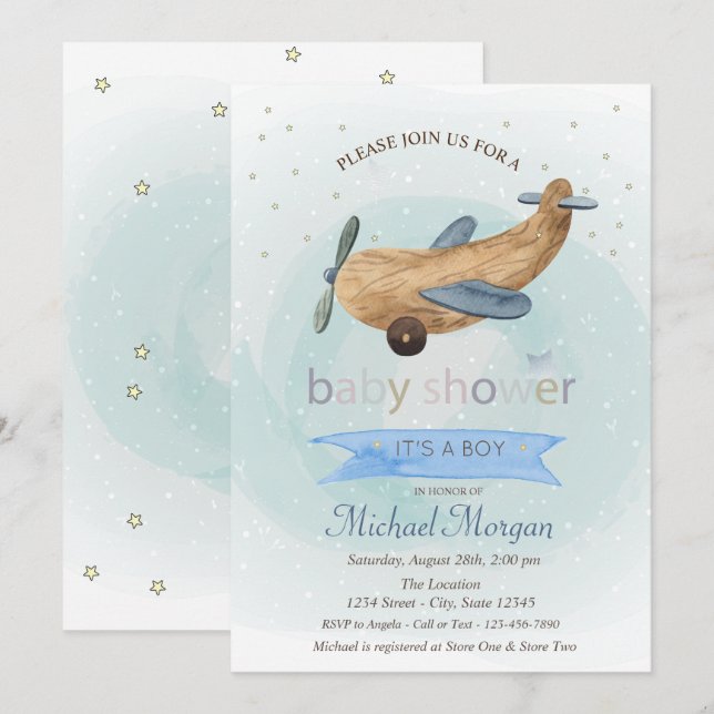 Aeroplane Toy,Stars Presents Blue Baby Shower  Invitation (Front/Back)